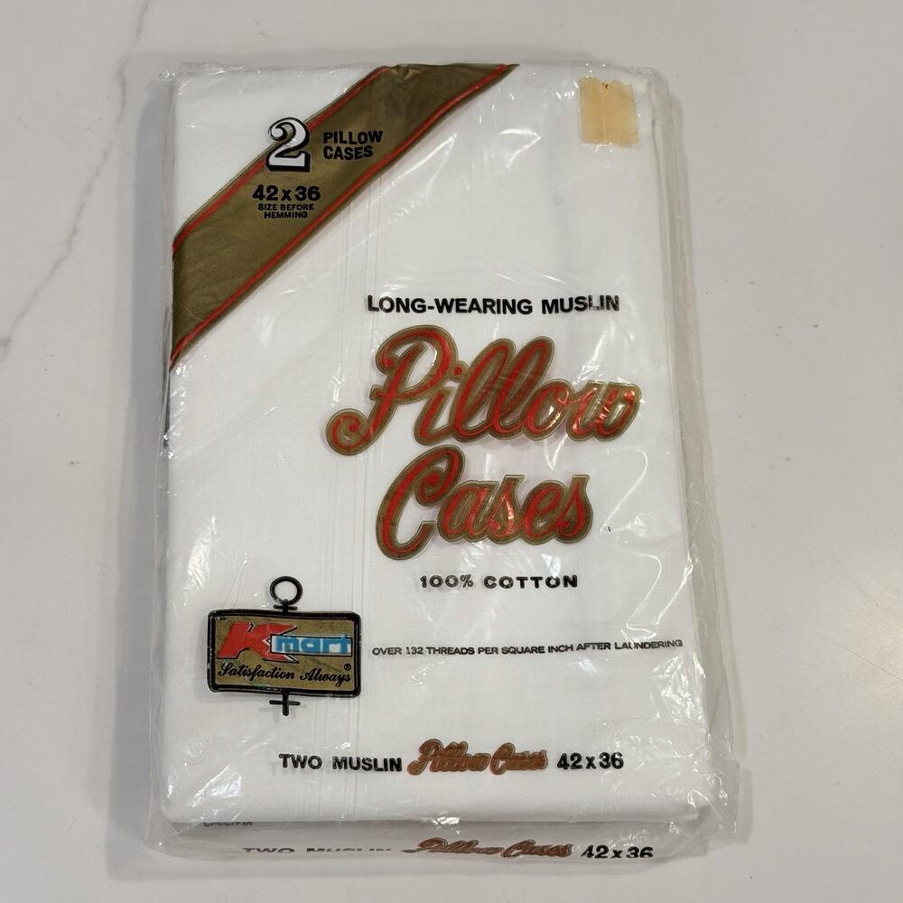 Kmart Pillowcases Muslin Cotton Standard Size White Vintage 1970s New Sealed